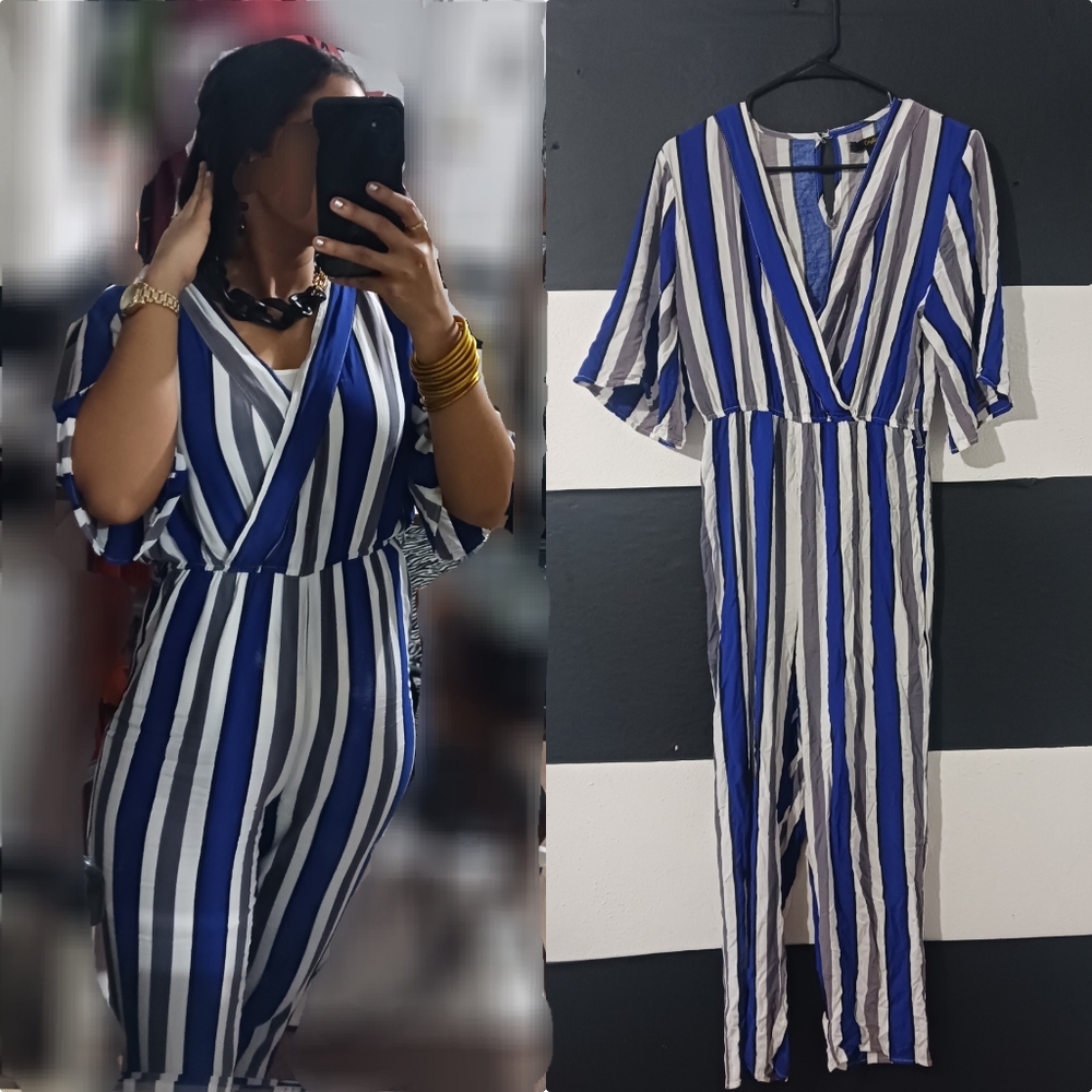 Women Multicolor Striped V cross halter jumpsuit